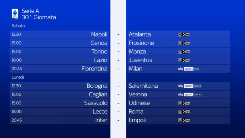 Serie A, Guida alla programmazione della 30^ giornata